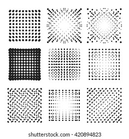 Black halftone dots set. Abstract texture. Isolated on white background. Vector illustration.