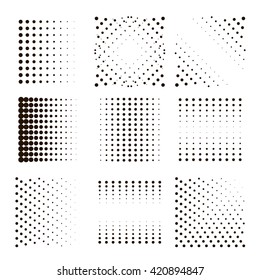 Black halftone dots set. Abstract texture. Isolated on white background. Vector illustration.