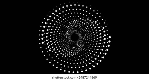 Black halftone dots in spiral form. Geometric art. Design element for border frame, logo, tattoo, sign, symbol, web pages, prints, posters, template, pattern and abstract 