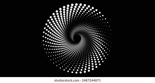 Black halftone dots in spiral form. Geometric art. 