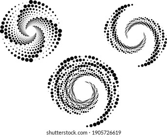 Black halftone dots in vortex form. Geometric art. Trendy design element.Circular and radial lines volute, helix.Segmented circle with rotation.Radiating arc lines.Cochlear,set