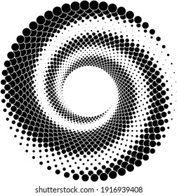 Black halftone dots in vortex form. Geometric art. Trendy design element.Circular and radial lines volute, helix.Segmented circle with rotation.Radiating arc lines.Cochlear