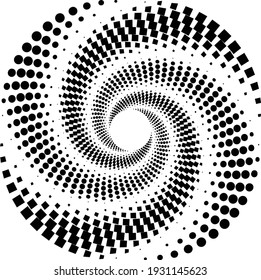 Black halftone dots in vortex form. Geometric art. Trendy design element.Circular and radial lines volute, helix.Segmented circle with rotation.Radiating arc lines.Cochlear