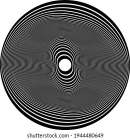  Black halftone dots in vortex form. Geometric art. Trendy design element.Circular and radial lines volute, helix.Segmented circle with rotation.Radiating arc lines.Cochlear