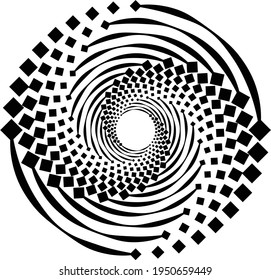 Black halftone dots in vortex form. Geometric art. Trendy design element.Circular and radial lines volute, helix.Segmented circle with rotation.Radiating arc lines.Cochlear