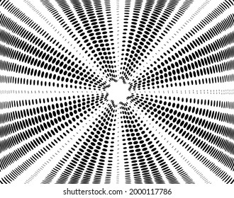 Black halftone dots in vortex form. Geometric art. Trendy design element.Circular and radial lines volute, helix.Segmented circle with rotation.Radiating arc lines.Cochlear