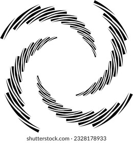 Black halftone dots in vortex form. Geometric art. Trendy design element.Circular and radial lines volute, helix.Segmented circle with rotation.Radiating arc lines