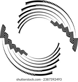  Black halftone dots in vortex form. Geometric art. Trendy design element.Circular and radial lines volute, helix.Segmented circle with rotation.Radiating arc lines