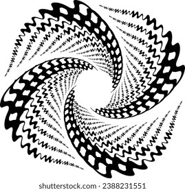 Black halftone dots in vortex form. Geometric art. Trendy design element.Circular and radial lines volute, helix.Segmented circle with rotation.Radiating arc lines