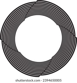  Black halftone dots in vortex form. Geometric art. Trendy design element.Circular and radial lines volute, helix.Segmented circle with rotation.Radiating arc lines