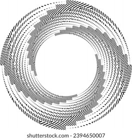  Black halftone dots in vortex form. Geometric art. Trendy design element.Circular and radial lines volute, helix.Segmented circle with rotation.Radiating arc lines