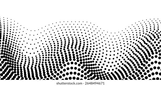 Fondo abstracto punteado semitono negro. Fondo de onda de malla de halfton de Tecnología. Diseño digital de cuadrícula de puntos para negocios, presentación, big data, folleto. Borde superior