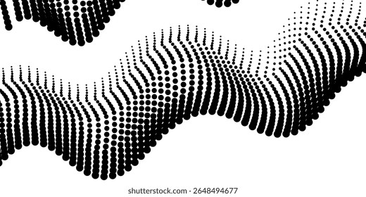 Black halftone dotted abstract background. Technology halfton mesh wave backdrop. Dots grid digital design for business, presentation, big data, brochure. Top border
