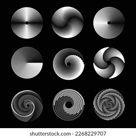 Eine abstrakte, abstrakte, geometrische Runde aus schwarzem Halbton für Rahmen, Logos, Tattoos und Webseiten einzeln auf schwarzem Hintergrund für Drucke, Poster und Vorlagen. 