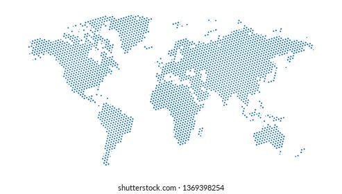 Black halftone dotted blue world map. Vector illustration. Dotted map in flat design. Vector illustration isolated on white background