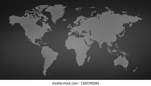 Black halftone dotted world map. Vector illustration. Dotted map in flat design. Vector illustration isolated on black background