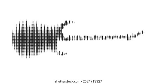 Black halftone electric guitar shape with sound equalizer strip lines isolated on white background. Abstract dotted music instrument pattern concept with audio, sound waveforms. Vector illustration