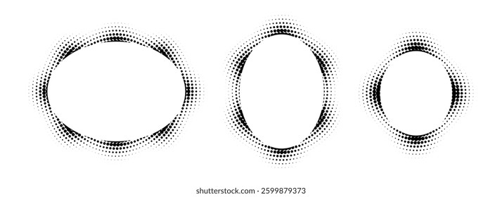 Black halftone ellipse frame set. Oval dotted gradient border collection. Pop art comic dot picture holders for banner template, copy space, emblem, poster element. Vector rasterized framing back