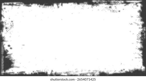 Ein schwarzer Halbtonrahmen mit strukturiertem Rand, der eine unregelmäßige Form um einen hellen weißen Bereich herum aufweist, ideal für Hintergründe, kreative Layouts oder das Hinzufügen einer abstrakten Note zu Designs