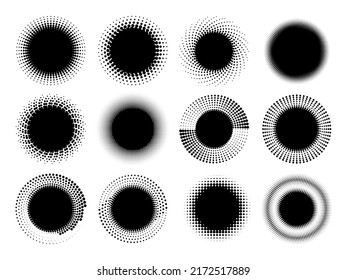 Black Halftone Frames Set. Circle Speed Lines Decorations, Artistic Business Medical Grunge Logo. Dots Bages, Abstract Circular Racy Vector Elements