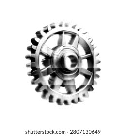 Black halftone gear with number 25 isolated on white background. Industrial cogwheel emblem for 25 years, anniversary, engineering, manufacturing, maintenance and business branding.