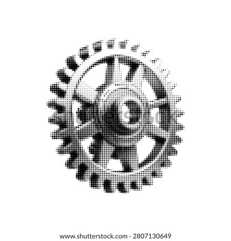 Black halftone gear with number 25 isolated on white background. Industrial cogwheel emblem for 25 years, anniversary, engineering, manufacturing, maintenance and business branding.