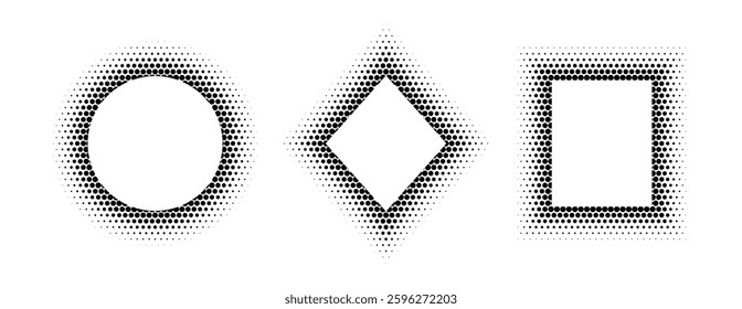 Black halftone geometric frame set. Dotted gradient border collection. Pop art comic picture holder design for banner template, copy space, emblem, poster, booklet. Vector rasterized framing pack