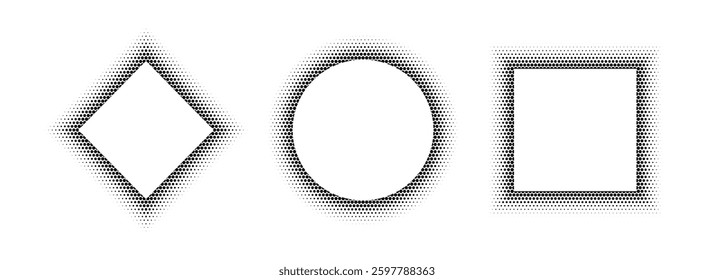 Black halftone geometric frame set. Dotted gradient border collection. Pop art comic picture holder design for banner template, copy space, emblem, poster, booklet. Vector rasterized borders pack