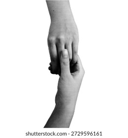 Ilustración de vista lateral de mano humana de semitono negro aislada sobre fondo blanco. Puño punteado de alto contraste y dedos en estilo gráfico retro para diseño de póster, símbolo, anatomía y estampado.