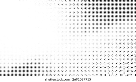 Fondo de malla de semitono negro, con densidad de puntos variable que forma profundidad y ritmo, textura geométrica mínima abstracta para composición digital o de impresión