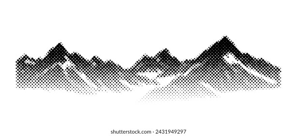 Black halftone mountain range. Grunge textured landscape terrain silhouette. Fading grainy hills chain wallpaper. Grungy dotted mountain peaks background. Vector snowy rock terrain illustration