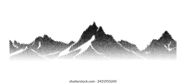 Black halftone mountain range. Grunge texture landscape terrain silhouette. Fading grainy hill chain wallpaper. Grunge dotted noise mountain peak background. Vector scenery rock or sand illustration