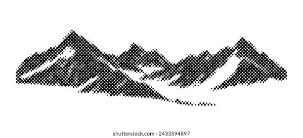 Cordillera de semitonos negra. Silueta de terreno de paisaje con textura de grunge. Fondo de pantalla de cadena de colinas granulosas de medio tono. Fondo de picos de montaña con puntos gruesos. Ilustración de terreno de roca vectorial