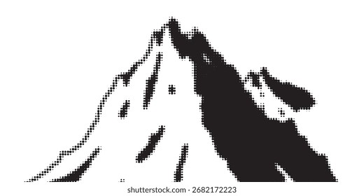 Schwarze Halbtongebirgskette. Grunge strukturierte Landschaft Gelände Silhouette. Fading körnigen Hügel Kette Tapete. Grungy gepunktete Berggipfel Hintergrund. Vektorgrafik von schneebedecktem Felsen