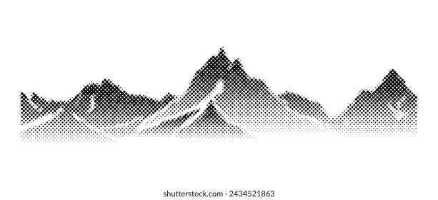Black halftone mountain range illustration. Grunge textured landscape terrain silhouette. Fading grainy hill chain wallpaper. Grungy dotted mountain peak background. Vector snow vanishing rock terrain
