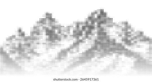 Black halftone mountain range silhouette. Grunge texture landscape terrain. Fading grainy hill chain wallpaper. Vanishing dotted noise mountain peak background. Vector scenery rock illustration