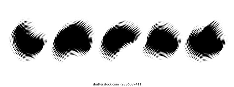 Black halftone organic blob shape set. Abstract grain blurry liquid stain collection. Dotted defocused edges noise figure pack. Diffuse fading gradient shadow forms bundle. Vector bold textured assets