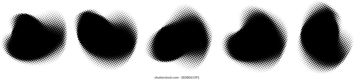 Black halftone organic shape set. Grainy abstract blurry liquid blob collection. Dotted defocused edges noise figure pack. Diffuse fading gradient shadow form bundle. Bold textured spots. Vector