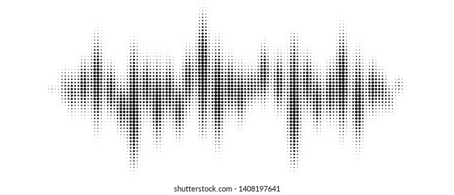 Black Halftone Pattern For Screen Blending Mode. Halftone Pattern Audio Waveform. Sound Wave Spectrum. Modern Design Rhythm Of Heart. Abstract Dotted Ornament Isolated On White Background