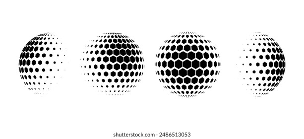 Black halftone pattern sphere collection. Hexagon wireframe 3d circle set. Grid globe element bundle. Round dotted shape pack for tech poster, banner, cover, emblem, leaflet. Vector illustration