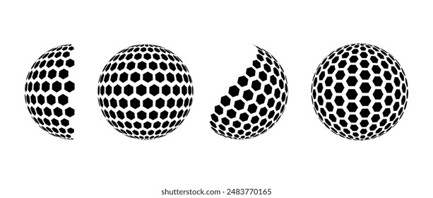 Black halftone pattern sphere set. Hexagon wireframe 3d circle collection. Grid globe element bundle. Round shape pack for tech poster, banner, cover, emblem. Vector illustration