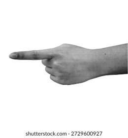 Black halftone pointing hand side view illustration isolated on white background. High contrast dotted human finger gesture in retro graphic style for direction, indication, symbol, and editorial use.