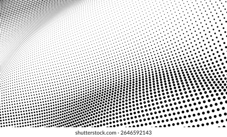 Black halftone pop art dot line modern background design. Abstract wave of circles flowing. Graphic vector texture for print and web design.