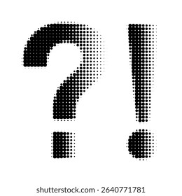 Black halftone question and exclamation marks. Bold dotted punctuation symbols in pop art style. Vector icon set on white background for modern graphic design and communication themes.