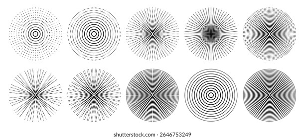 Preto meio-tom radial pontilhado círculos coleção abstrato gráfico conjunto movimento padrão de ilusão estourar vórtice digital redondo mínimo fundo contraste vetor design elemento simétrico no transparente