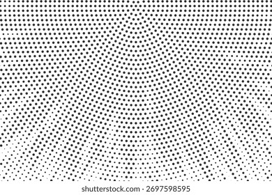 Patrón de rayos de semitono negro, diseño de perspectiva punteada simétrica con profundidad de gradiente, fondo de Vector mínimo abstracto para tecnología digital y obras de arte gráficas modernas