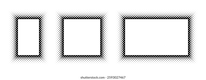 Black halftone rectangle frame set. Dotted gradient border collection. Pop art comic dot picture holder design for banner template, copy space, emblem, poster element. Vector rasterized framing back