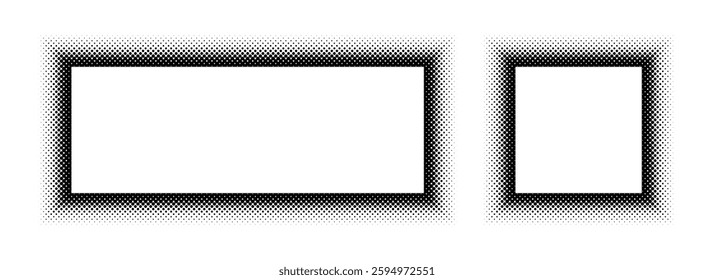 Black halftone rectangle and square frame set. Dotted gradient border collection. Pop art comic picture holder design for banner, copy space, emblem, poster. Vector rasterized framing element back