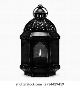 Black Halftone Romantic Candle Lantern Icon, Dotted Moroccan Style Lamp Illustration Isolated on White, Retro Pop Art Vector for Ramadan and Decor