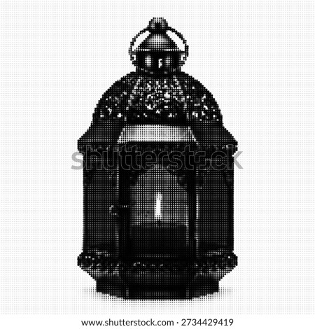 Black Halftone Romantic Candle Lantern Icon, Dotted Moroccan Style Lamp Illustration Isolated on White, Retro Pop Art Vector for Ramadan and Decor